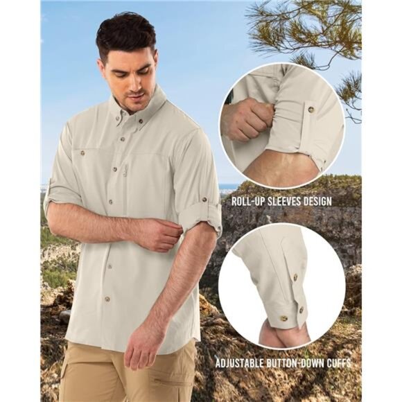 Men's Long Sleeve Hiking Shirt UPF 50 UV Sun Protection Shirt Cooling Quick Dry - Picture 5 of 6